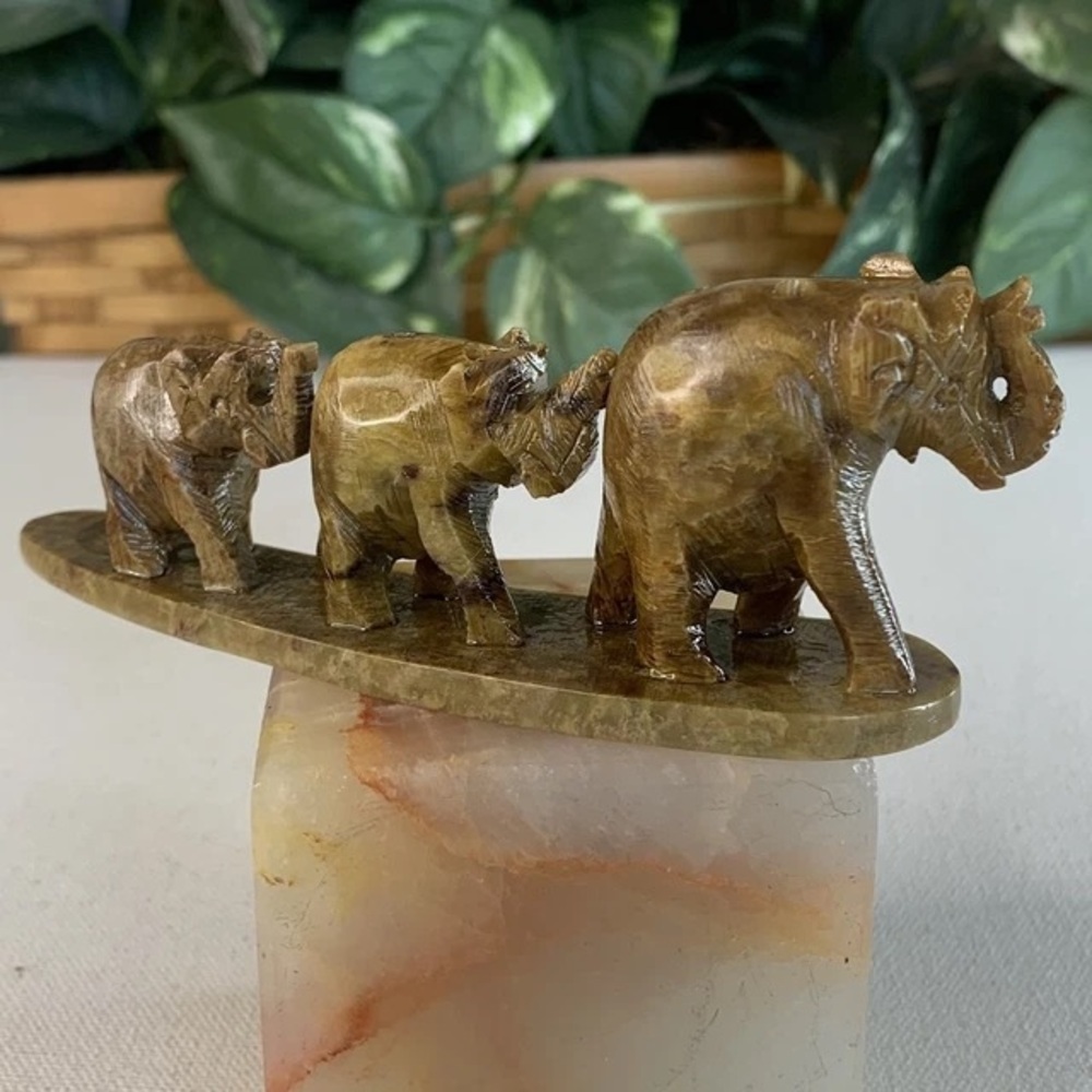 Carved Soapstone Elephant Family Figurine Sculpture Carving Incense Holder 4.5"